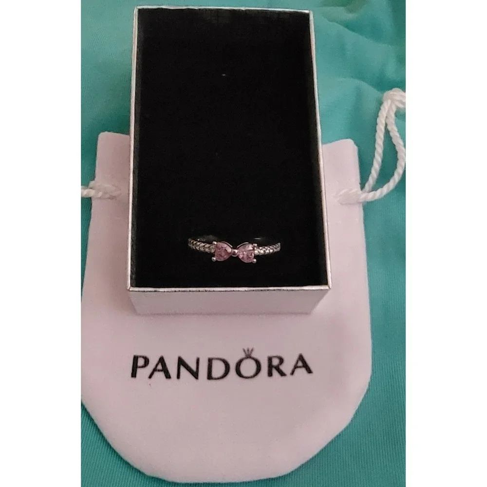 Pandora Sparkling Bow Ring Sterling Silver Pink Heart Cubic Zirconia 190906CZ 54